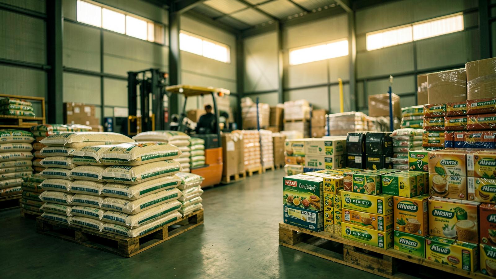 Rikadawa Foods distribution warehouse with stacked rice bags and cartons